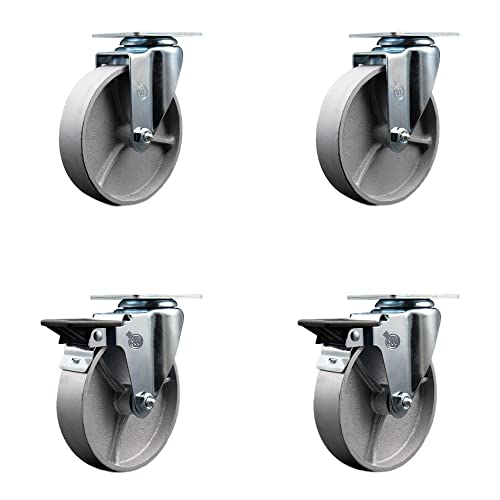 Semi Steel Cast Iron Swivel Top Plate Caster Set of 4 with 5 Inch Silver Wheels - Includes 2 Swivel with Posi Locking Brakes and 2 Swivel - 1200 lbs. Total Capacity - Service Caster Brand