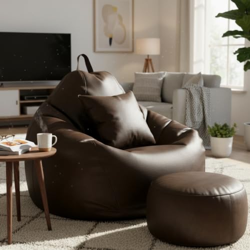 Image of KAM'S LIEU 5XL Premium Leatherette Bean Bag Combo with Footrest & Cushion | Pre-Filled with EPS Beans | Double Stitched | 6 Months Warranty | Brown