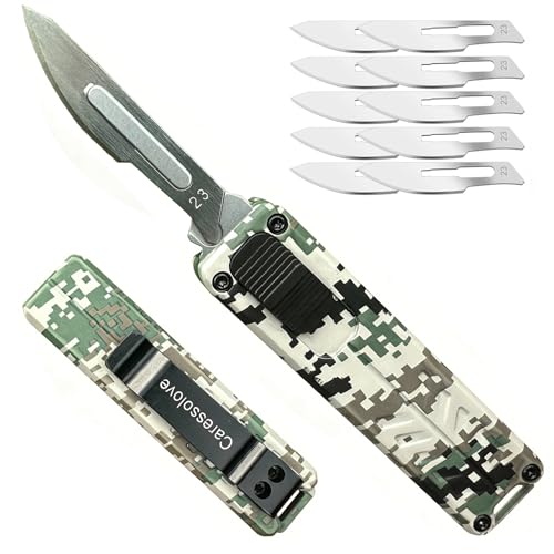 Image of Caressolove Automatic Utility Knife, Safety Black Box Cutter Retractable, EDC Push Button Knife, Exacto Scalpel Knife, 10PCS #23 Razor Blades Pocket Knife with Clip (Camouflage)
