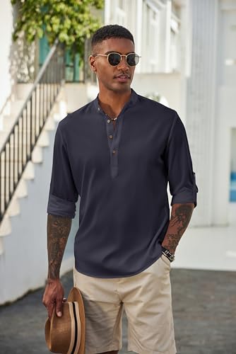 COOFANDY Men's Casual Henley Shirts Long Sleeve Band Collar Lightweight Beach Shirts Summer T-Shirts2
