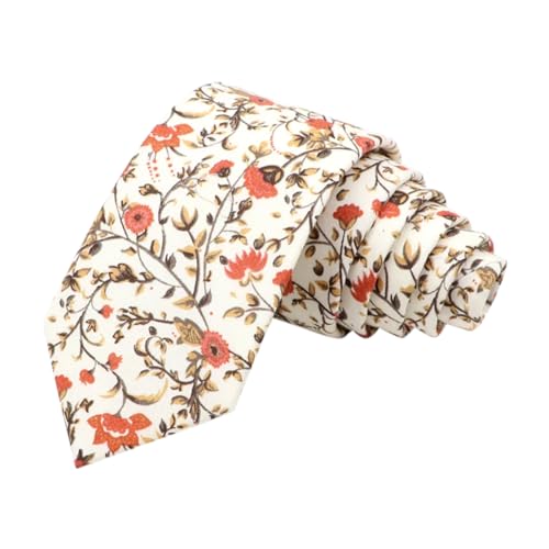 DB Dickie Bow Men's Luxury Cotton Skinny Neck Tie (Dusty Orange, Cream & Moss Greens Floral) - suitable for formalwear, office, weddings, parties, grooms & groomsmen outfits