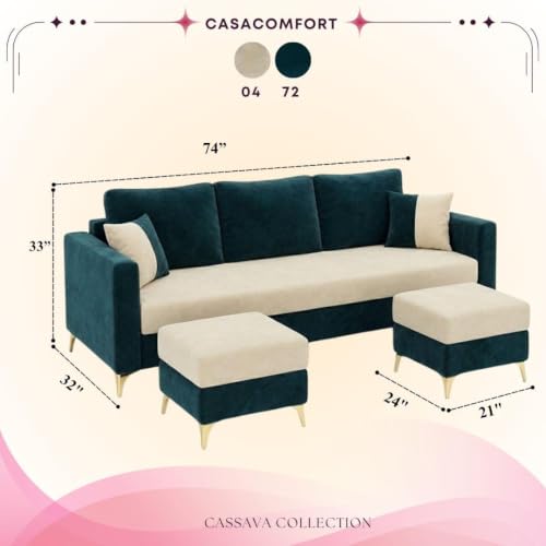 Image of Classiq Rich 5 Seater L Shape Sofa Set with 2 Movable Ottomans | Flexible Layout | Rich Velvet Suede Fabric | Silver Legs | Dual Tone Modern Sofa for Living Room (Greenish Teal-Cream)