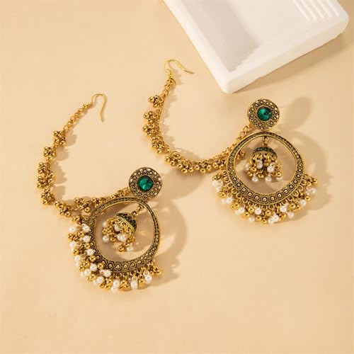 Jhumkas Hollow Circle Beaded Tassel Simulated CZ Dangle Drop Earring for Women Long Chain Hair Accessories Indian Vintage Boho Traditional Earrings Fashion Unique Jewelry3