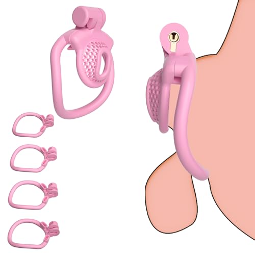Image of Sissy Chastity Cage Light Weight Cock Cage ABS+Resin Chastity Device Adult Sex Toys with 4 Different Sizes Rings,Chastity Belt & Invisible Lock for Sissy Men Penis Exercise and Abstinence (Pink)