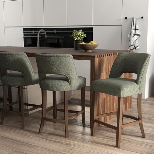 Image of VKNOW Bar Stools Set of 2, 26 inch Upholstered Counter Height Bar Stools, Modern Counter Stools with Wood Legs for Kitchen Island Dining Room Bar, Green