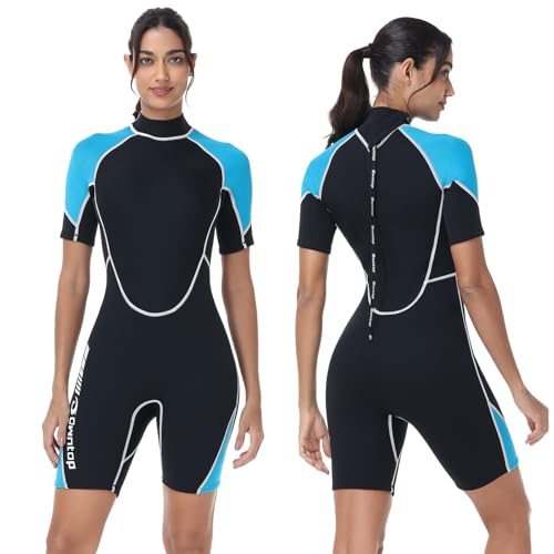 Owntop 1,5mm Shorty Neoprenanzug Damen Herren Kurz - Rücken-Reißverschluss Wetsuit zum Tauchen Surfen, Kurzarm Taucheranzüge Stretchen Neopren für Wassersport, Damen Blau M