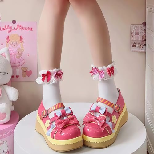 Women Lolita Shoes Heel Mary Jane Lace Pumps with Bow Kawaii Cute Cosplay Wedge Boots Cross Strap Block Heel Sweet Style2