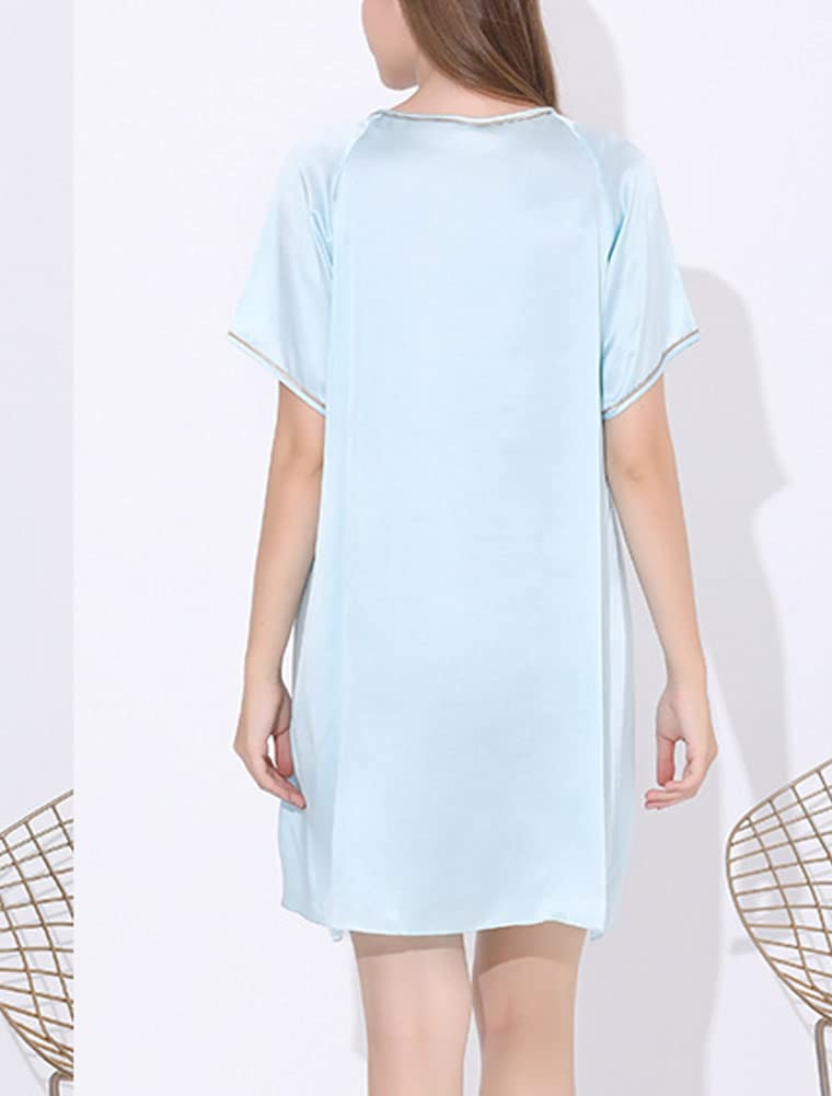 Valin Mujer Azul Claro Simple 100% Seda Pijama Vestido Camisón Camisón Manga Corta 19 Momme Pijama de Seda,XL, S5684