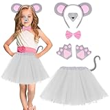 AOOWU Maus Kostüm für Kinder, 7 teiliges Kinder Kostüm Maus Zubehör Set mit Stirnband, Nase, Schwanz, Fliege, Handschuhe, Tüllrock, Halloween Kostüme Cosplay Set für Fasching, Cosplay, Halloween