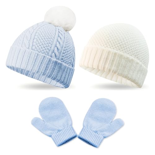 2 Pack Kids Winter Warm Beanie & Mittens Set, Soft Cable Knit Hat for Children's Toddler Baby, Cozy Cap & Gloves Small Combo C