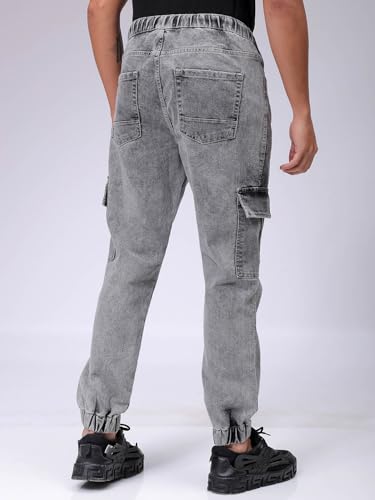 Image of The Indian Garage Co Men Regular Fit Solid Mid-Rise Stretchable Denim Cargo Joggers