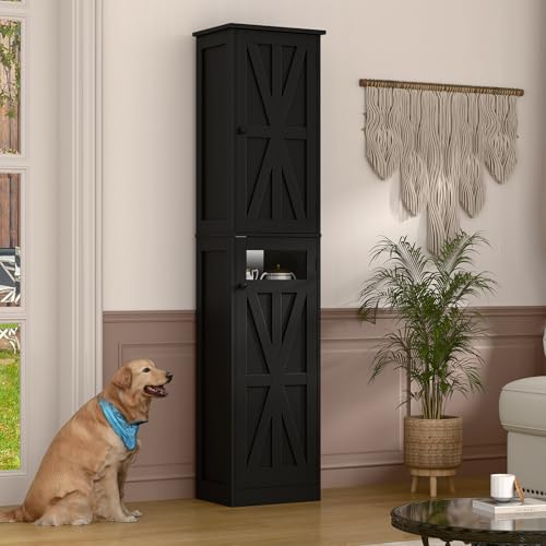 Image of Halitaa Tall Narrow Bathroom Storage Cabinet, Slim Bathroom Cabinet with Adjustable Shelves and 2 Doors, Farmhouse Freestanding Floor Storage for Small Spaces, Bathroom, Kitchen, Living Room, Black