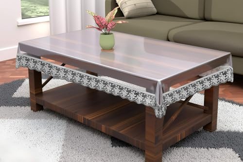 Image of The Furnishing Tree Rectangle Shaped 2 Seater Transparent Table Cover WxL 45x70 inches 0.25 mm Thickness with Silver Lace