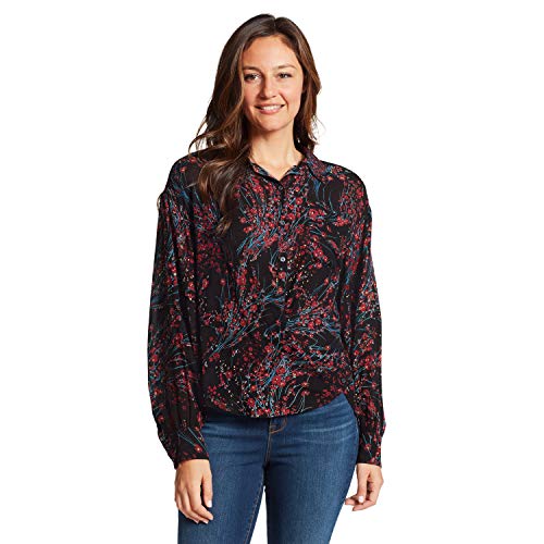 Nine West Women's Cleo New-Age Button Up Front Shirt, Black Tumbling Flowers, Large #TOP25
