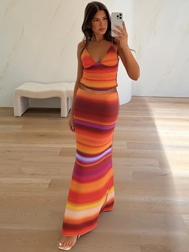 Image of ksotutm Maxi Skirt Set Floral Print Halter Top Maxi Skirt Sexy Going Out Outfits for Women