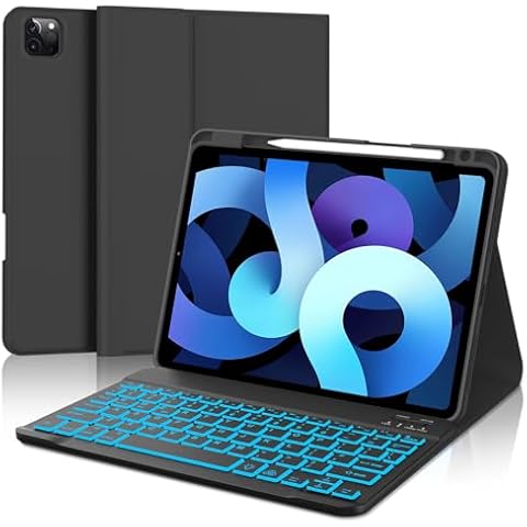KVAGO Keyboard Case for iPad Pro 11 inch (4th, 3th Generation) & Air Series Products (Air 6th, 5th, 4th Generation), with Wireless Detachable Backlit Keyboard and Case - Pencil Holder, Pitch-Black Cover