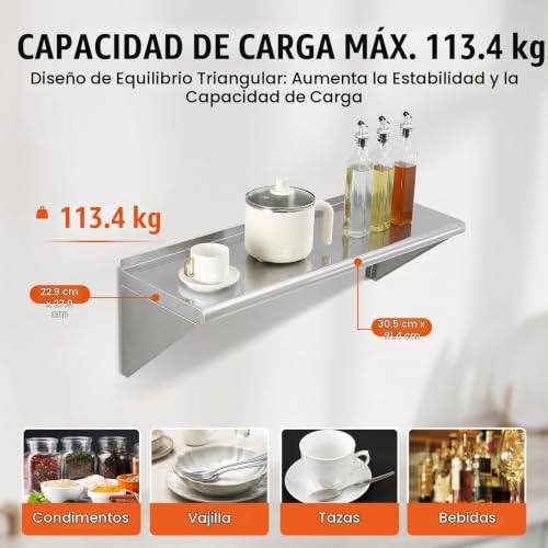 Miniatura 5 de Vevor Estante De Pared De Acero Inoxidable 915x305x63 Mm Estante Flotante Con Soporte Triangular Carga Máxima De 113 Kg Estantería De Pared Para Libros Portarretratos Plantas Oficina Baño Cocina