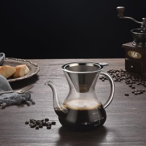 Image of Pour Over Coffee Maker, Permanently Use The Pour Over Coffee Dripper [Newest] Borosilicate Glass Water Bottle Coffee Pot, With Stainless Steel Filter Hand Punch Coffee Pot Set 14oz / 400Ml | Thickened Heat-Resistant Borosilicate Glass Dripper, Double Stainless Steel Filter, Hand Punch Coffee Pot Set