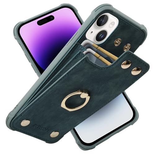 PPYTWOPY Compatible for iPhone 15 Wallet Case with Credit Card Holder,Leather Shockproof Protective Phone Cover 6.1 inch Supports 360°Rotation Ring Stand and RFID Blocking,Blue Green