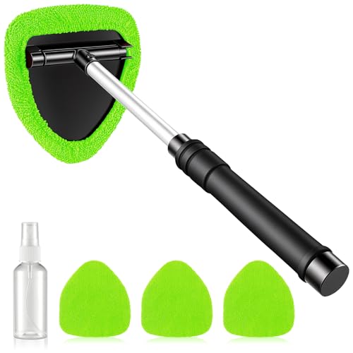 JUSTTOP Windshield Cleaner Tool Car Interior and Exterior Window Cleaning Kit with Extendable Handle & 4 Reusable Microfiber Pads Auto Glass Wiper Brush Kit for Car & Home Windows (Green)
