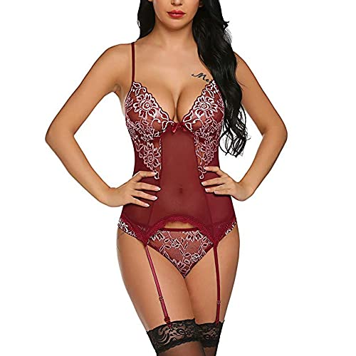 KOEMCY-Lenceria-Mujer-Sexy-Body-de-Encaje-Lenceria-Cuello-V-Conjunto-de-Lenceria-Babydoll-Lenceria-Encaje-Transparente-Body-Lenceria-Ropa-Interior-con-Tanga-y-Liguero