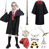 ZOCONE 11 PCS Wizard Costume Cosplay, Wizard Robe Magician Costume Cosplay set with Gryffindor Robe Magic Wand Glasses Tie Necklace Harry Wizard costume for Kids Halloween