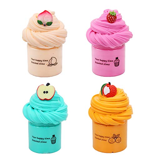 Fanjie 4 Pack Butter Slime Kit for Kids,Green Leaf Cloud Slime Dragon Fruit Papaya and Grape Fluffy Slime,Super Soft Non-Sticky Stretchy Scented Slime Sludge Stress Relief Brain Intellectual Toy