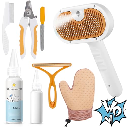 Image of Pet Steam Brush for Dog & Cat - 3-in-1 Spray Hair Removal Comb for Shedding & Grooming, Softens Fur & Reduces Static - Water Brush for Long & Short Coats, Bath-Hating Pets, Includes Waterless Shampoo