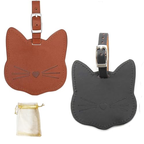 Cute Cat Shape Luggage Tags ID Label and Address Card, PU Leather Luggage Identification Tags for Travel Bag Suitcase Brown Black 2pcs