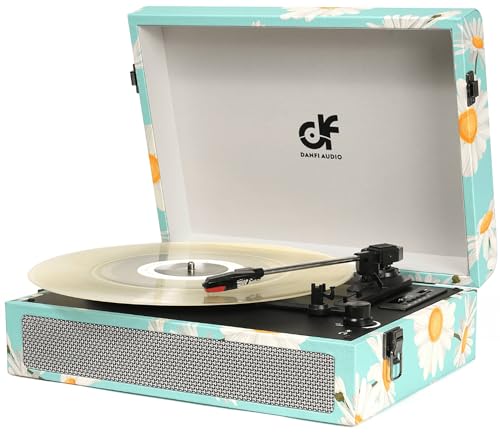 DANFI Audio - Tocadiscos Bluetooth y Altavoces (Azul Floral) | Tocadiscos portátil de 3 velocidades con grabación USB, Auriculares, Salidas RCA, AUX, Estilo Vintage