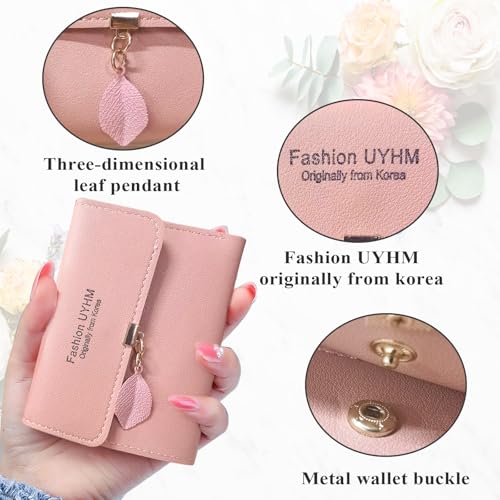 PU Leather Ladies Wallet Small with Metal Push Button Leaf Pendant, Bifold Short Wallet Ladies with Multi Cards Slots (Pink)4