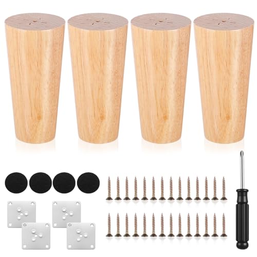 4 Pcs Wooden Furniture Legs, 3.94/10cm Solid Wood Legs for Furniture Feet, Wooden Cabinet Chair Table Leg Replacement for Dresser Bed Stool Sofa Leg, with Non-Silp Pad,Screws,Plates,Screwdriver