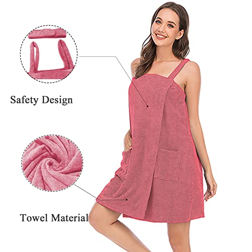 Verve Jelly Ladies Towel Wrap Cotton Sarong Towel Shower Spa Sauna Beach Gym Towelling Robe Cover-Up with Pocket Straps Robe Facial Headband Watermelon Red XXXL - Image 4