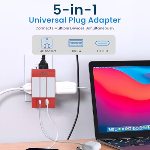 Image of rts 3 Pin 3 Way Universal Multiplug Travel Adaptor with Type C PD & USB Ports Individual Switch LED Indicator Compatible with Home /Office /Industrial Use /Laptop /Desktop /Mobile /Printer Red