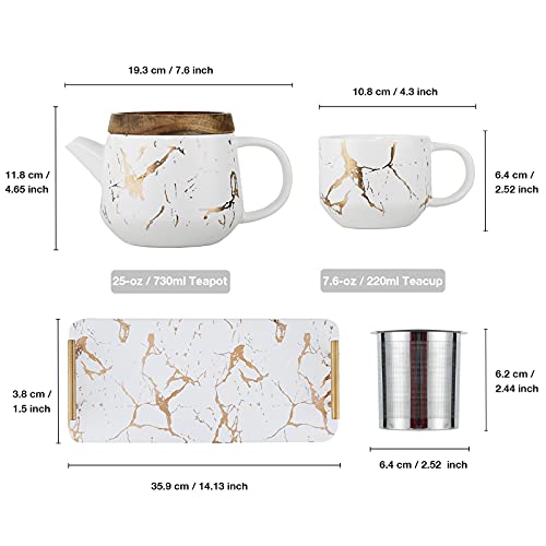 Taimei Teatime Ceramic Modern White Teapot Set, 25-oz Tea Sets for Adults, Marble Design Teapot with Infuser and Tea Cup Set of 4 with Serving Tray - Thumbnail 5