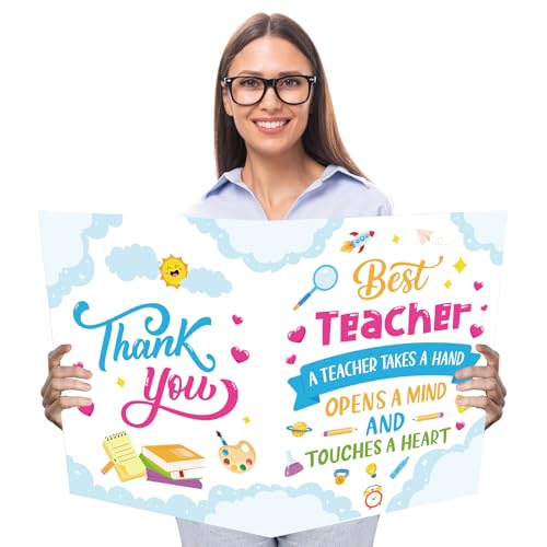 Hinsly Large Happy Teacher's Day Greeting Card with Envelope 22 x 14 Inch, Huge Card Good Luck Gift Office for Teacher, Giant Jumbo Guest Book, Signature Happy Teacher Party Supplies