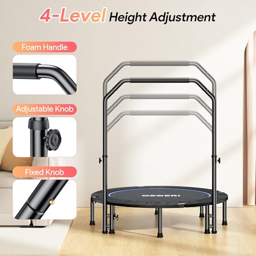 Osoeri 48" Rebounder Trampoline Foldable for Adults Max Load 450lbs, Mini Trampoline with Adjustable Foam Handle for Adults, Fitness Trampoline Indoor/Garden Workout