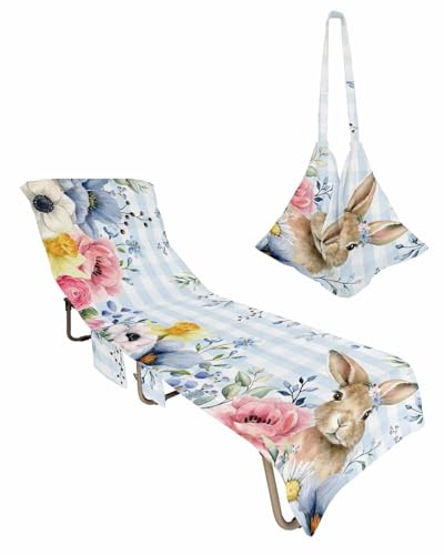 Blue Easter Bunny Beach Lounge Chair Towel Cover, Soft Chaise Lounge Towel with Side Pockets Patio Pool Chairs Cover for Beach/Pool Sunbathing 29x85 Spring Floral Botanical Watercolor