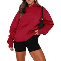 onlypuff Girls' Fshion Hoodies & Sweatshirts Drop Shoulder Plain Fleece Sweater with Kangroo Pocket Red L