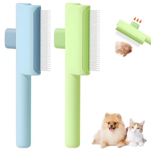 Image of Pet Hair Removal Comb Flea Comb, 2025 New Cat Grooming Brush with Release Button, for Massaging and Cleaning Shedding Pets Hairs, De-Shedding Cat Brush for Short and Long Hair Cats (Blue+Green)