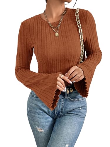 MOLERANI Women's Long Bell Sleeve Top Pullover Tshit Knit Winter - Comfortable,Lightweight,Travel,Yoga(Caramel,M)
