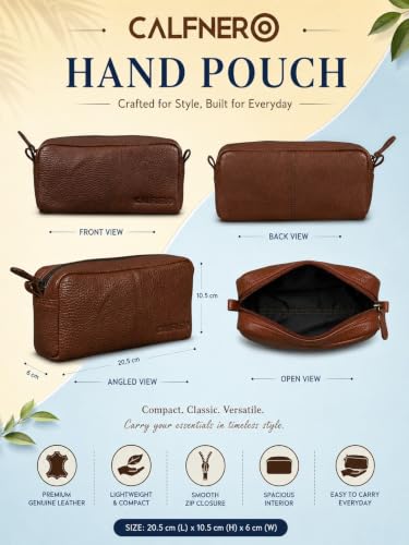Image of Calfnero Genuine Leather Toiletry Bag for Men & Women | Premium Leather Travel-Pouch | Toiletry Organizer | Cosmetic & Shaving Kit Bag | Unisex Travel Dopp Kit (Brown)