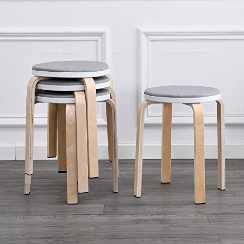 Kakouvik 4 Pcs Solid Wood Stackable Stools Kitchen Wood Bar Stools Step Stool Bentwood Stool Saddle-Seat Kitchen Counter Barstool Round Kitchen Stool Gray #TOP1