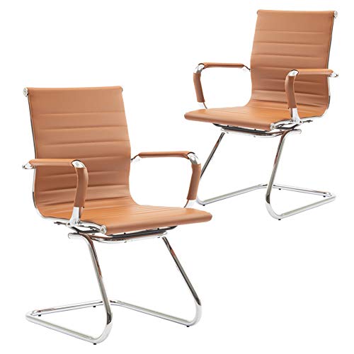 Image of No Wheels Reception Chairs Leather Conference Chairs Back Support Heavy Duty Office Guest Chair, Set of 2 (Terracotta)