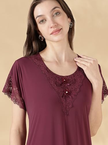 Image of 9shines Label Stylish Soft Modal Maxi Nighty | Honeymoon Nighty | Full Length Trendy Nightgown | V-Neck Lace | Premium Nightdress | Soft Long Nightdress | Maxi Gown Nightwear for Women (Malai Satin)