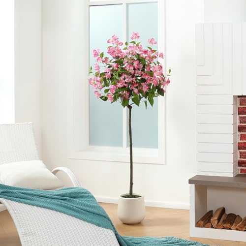 VeriNatural Artificial Flowers for Indoors with Planter, 5ft Artificial Bougainvillea Plant with Pink Faux Silk Flowers,Fake Flowers for Front Porch Patio Garden Wedding Decor