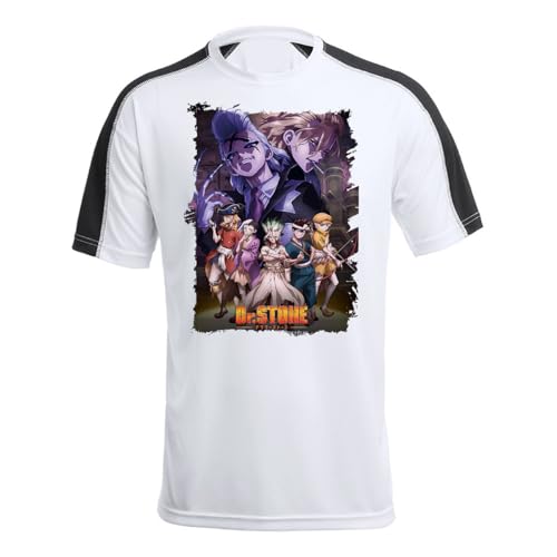 MERCHANDMANIA Camiseta A3 técnica Franja Mangas Negra Serie Anime dr Stone cuarta Saga Temporada Personajes Tshirt