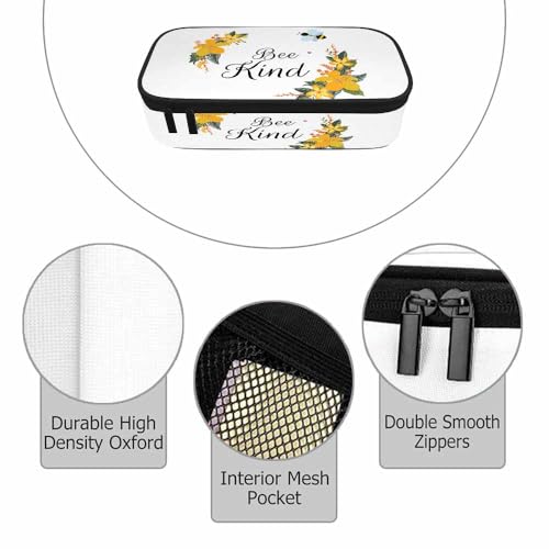 Image of Bee Pencil Case Cute Bee Kind Yellow Flower Bunches Pencil Bag Pen Markers Pouch Holder Organizer for Boy Girl School Students