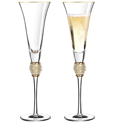 2 Piezas Copas de Champán de Diamante de Imitación Vaso de Brindar de Boda Copas de Vino de Diamante con Borde de 7 oz Cristalería de Tallo Largo para Bodas Fiestas Aniversario (Oro)