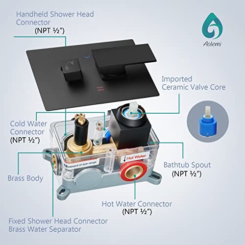 Aolemi Matte Black Tub And Shower Faucet Set Complete 10 Inch Rainfall Shower Head Shower Fixture Mixer Wall Mount With Rotating Tub Spout Shower System Kit Rough-In Valve Body And Trim Included #TOP6